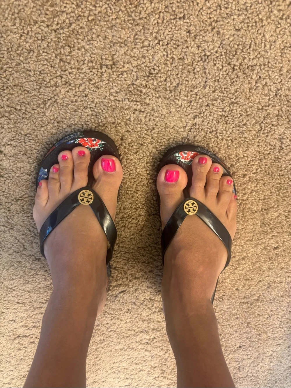 Tory Burch Black Flip Flops with Red, Blue & Green Floral Pattern - Picture 3 of 5